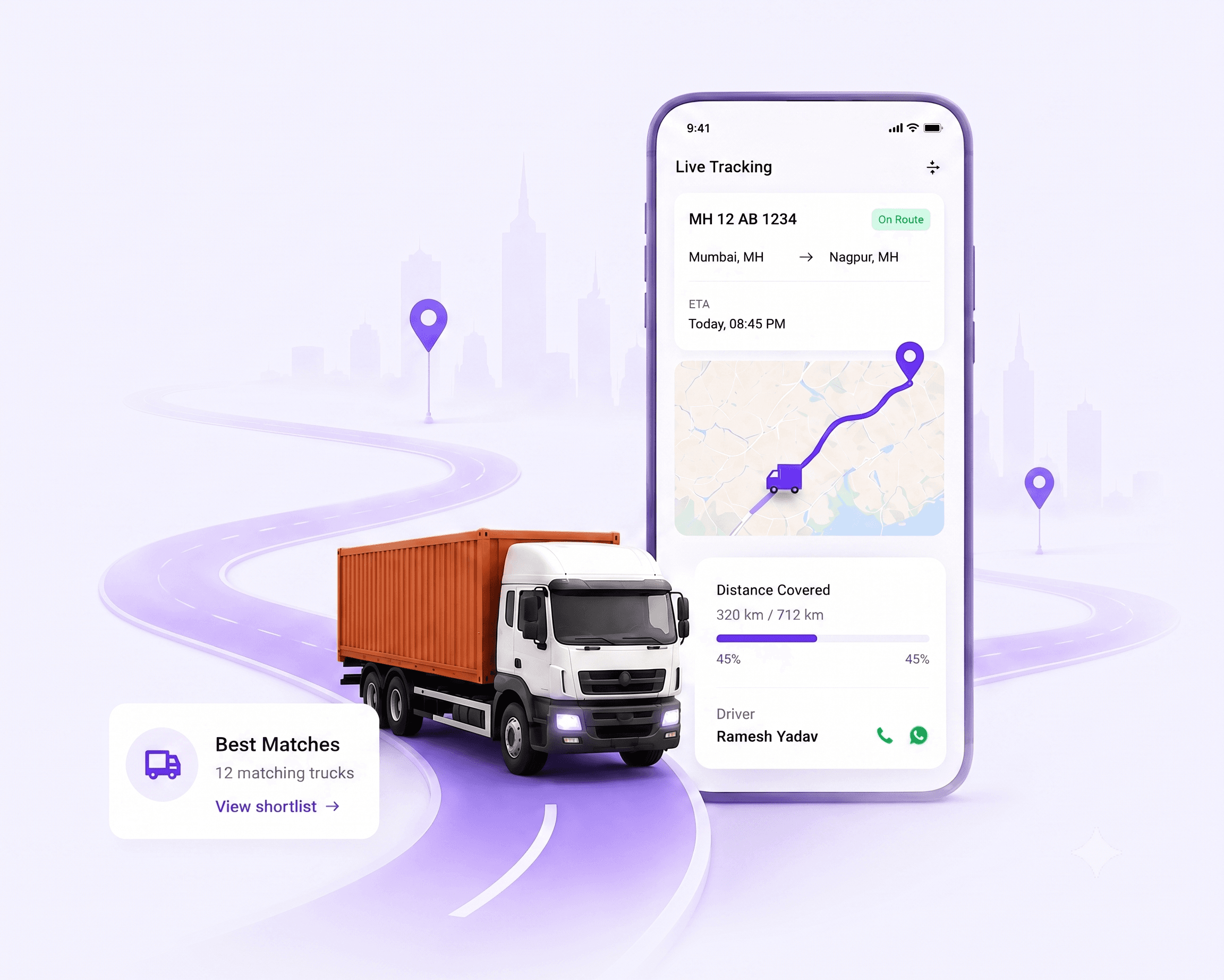 Relod live tracking preview — a truck on route with a phone showing its live location, ETA and driver contact